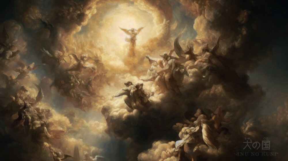 光に包まれた空の中で天使のような存在が舞い、雲の中に広がる幻想的な世界を描いた『犬の国』のイメージビジュアル