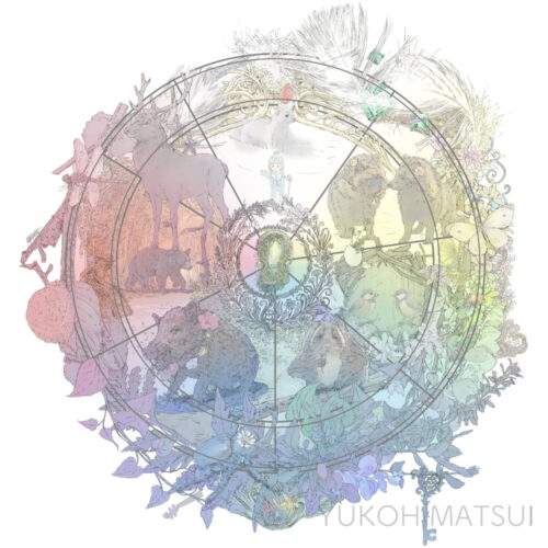 森に生きる動物や植物の循環とつながりを描いた『ネイチャーホイール』のイラスト。