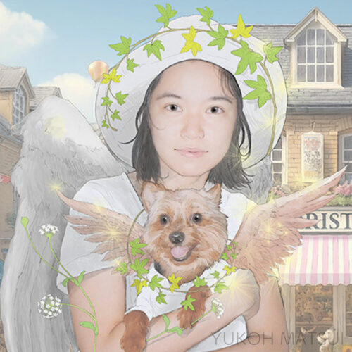 羽をつけた若い女性が羽をつけた犬を抱きしめている絵画